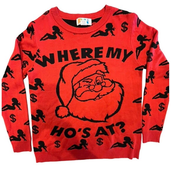 Ugly Christmas Sweater Mud Flap Girls Wheres my ho's Santa pullover Size UNK Men - Picture 1 of 5